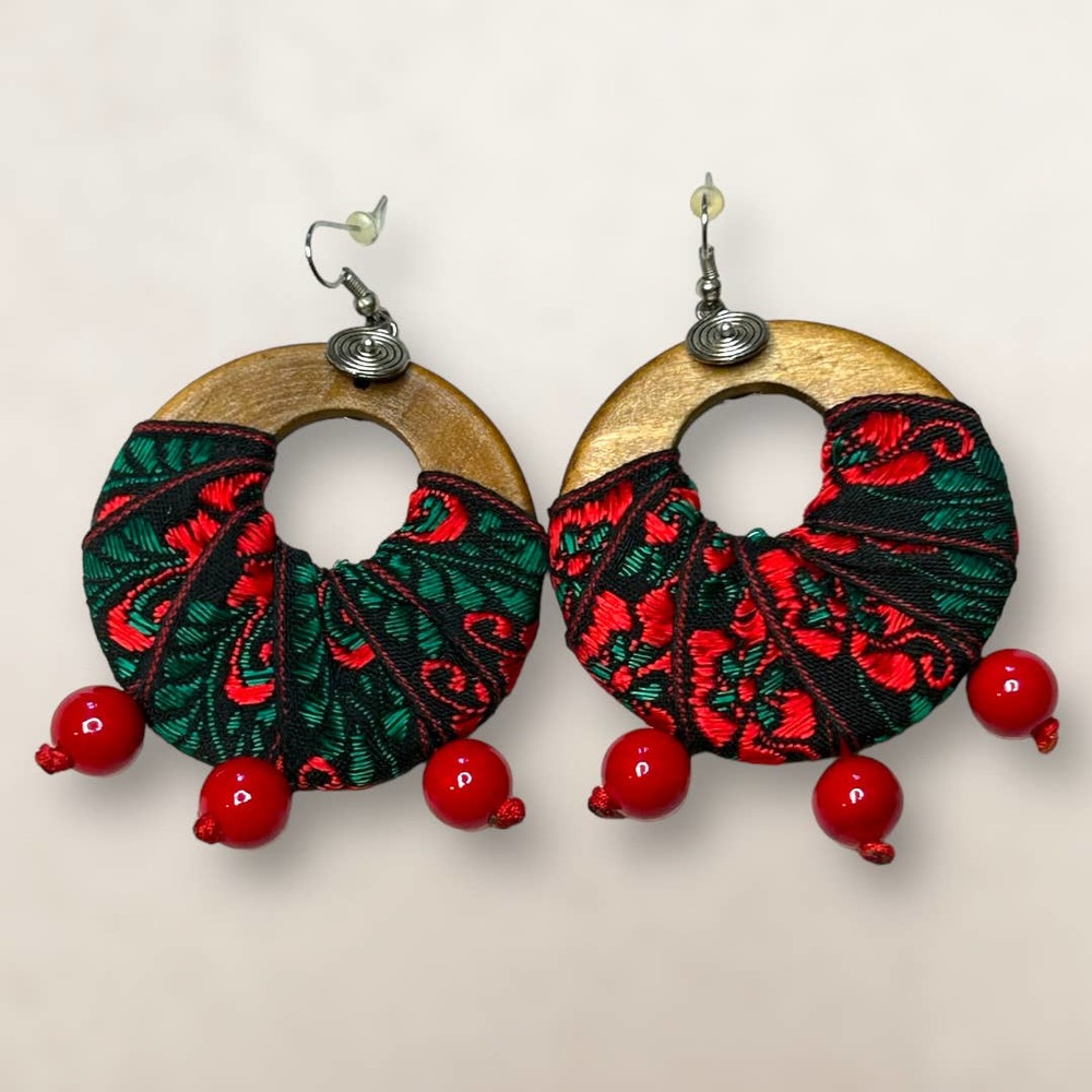 Handmade Wood & Wrapped Fabric Boho Ethnic Earrings